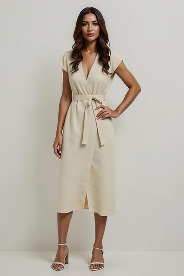 Apricot Sheath V-Neck Midi Work Dress with Sash
